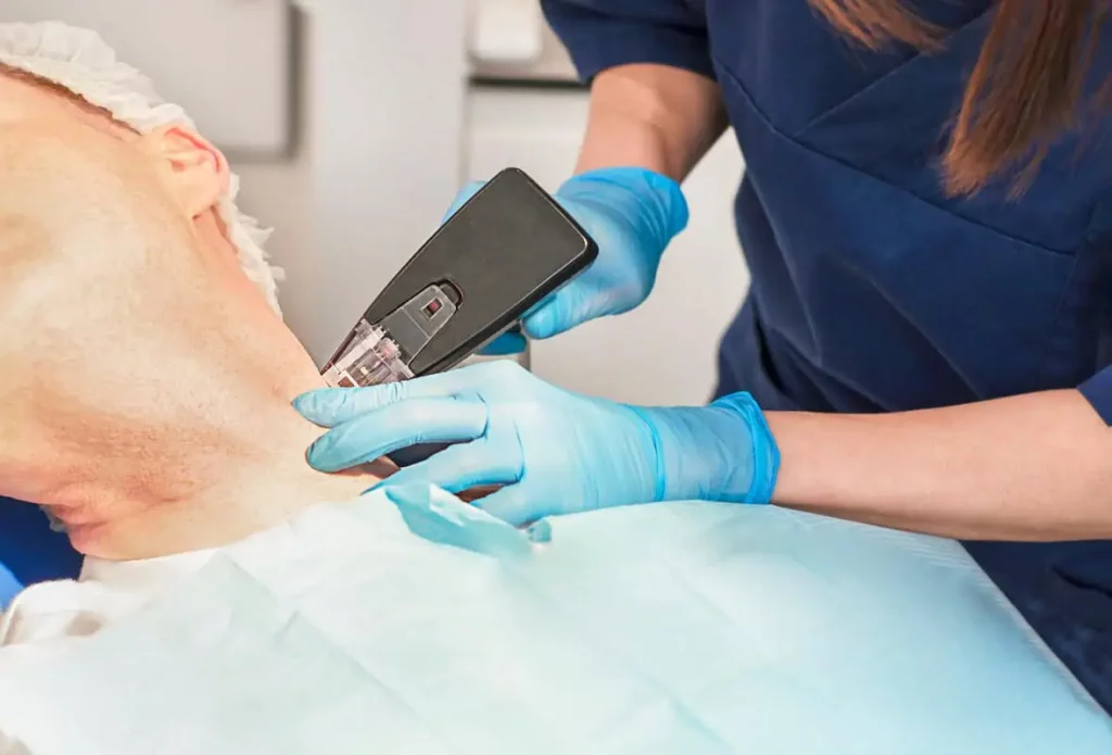 Provider performing Morpheus8 treatment on the neck to improve skin firmness and texture in Walnut Creek, CA